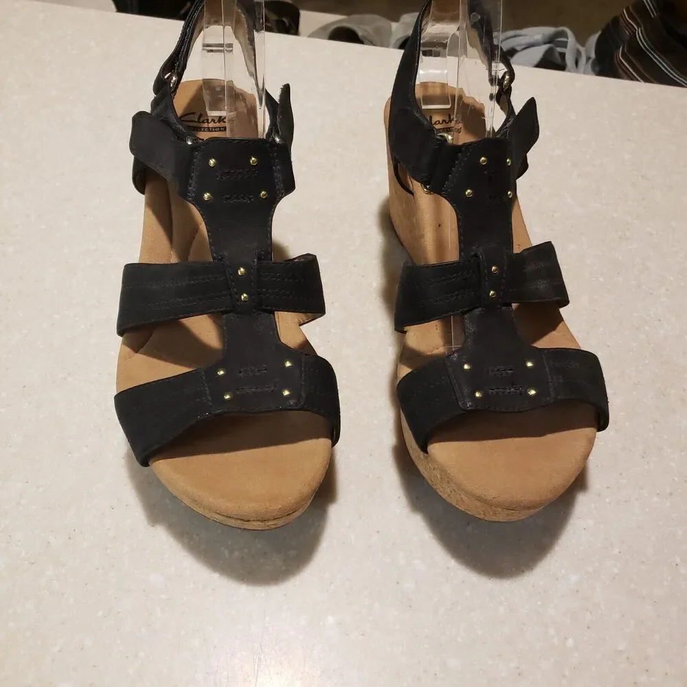 Clarks Annadel Pearl Black Nubuck Leather Wedge Sandals Womens Size 9.5